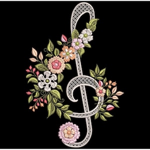 Broderidesign med blommigt G-klav: Musikpresentdekor PES DST, digital nedladdning, blombroderi, G-klavmönster, present till musiker