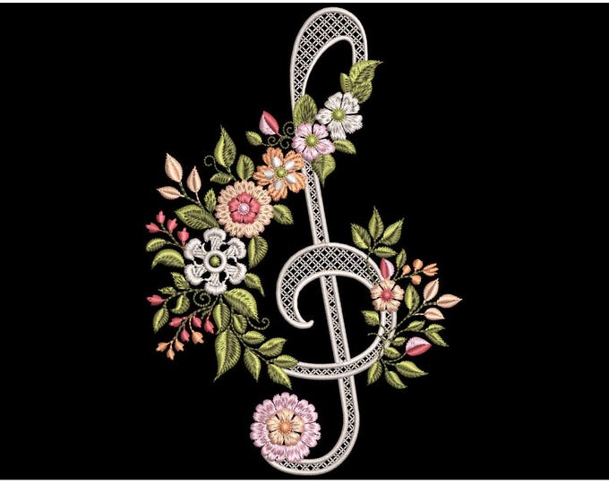 Featured listing image: Floral Treble Clef Music Embroidery Pattern - Floral Note Design for Machine Embroidery, Music Gift Decor, Embroidery for Musicians, PES DST