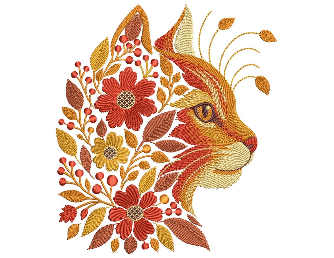 Autumn Ginger Cat Embroidery Design, Floral Machine Embroidery Cat ...
