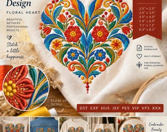 Floral Heart Embroidery Design, Folk Flower Machine Embroidery File, Ukrainian Style Heart, Colorful Embroidery Pattern, PES DST JEF