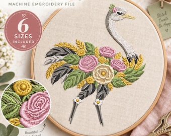 Floral Ostrich Embroidery Design, Botanical Bird Machine Embroidery File, Elegant Nature Pattern, Ostrich Embroidery PES DST JEF Vp3 File