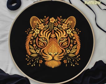 Autumn Tiger Hand Embroidery Pattern: DIY Needlework (Digital PDF PNG)
