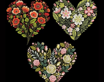 Floral Heart Machine Embroidery Design – Romantic Flower Heart Set, Wedding Gift, Home Décor, Romantic Valentine, Rose & Poppy Heart PES DST