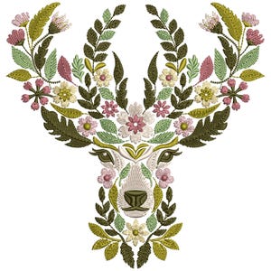 Floral Deer Embroidery Design, Deer Machine Embroidery Design, Deer Pattern, Reindeer Embroidery Design, Animal Embroidery File, Leaf Pastel