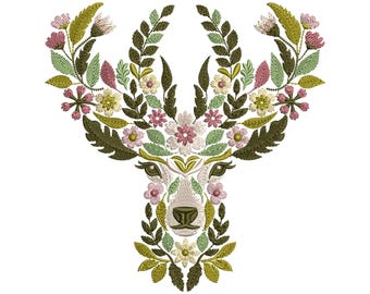 Floral Deer Embroidery Design, Deer Machine Embroidery Design, Deer Pattern, Reindeer Embroidery Design, Animal Embroidery File, Leaf Pastel