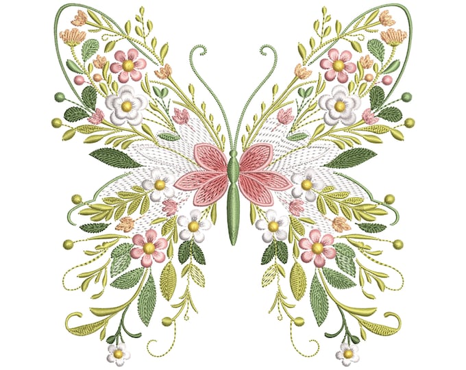 Featured listing image: Floral Butterfly Embroidery Design, Machine Embroidery File Insects, Nature Garden Wings Pattern, Butterfly Pattern, Instant Download PES