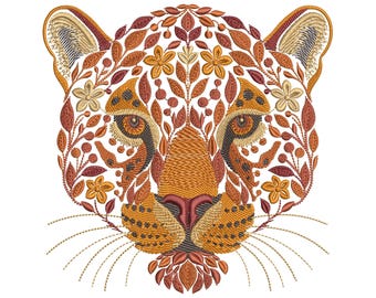 Autumn Jaguar Machine Embroidery Design, Floral Wild Cat Machine Embroidery Pattern PES, Wild Jaguar Head Embroidery, Animal Embroidery PES