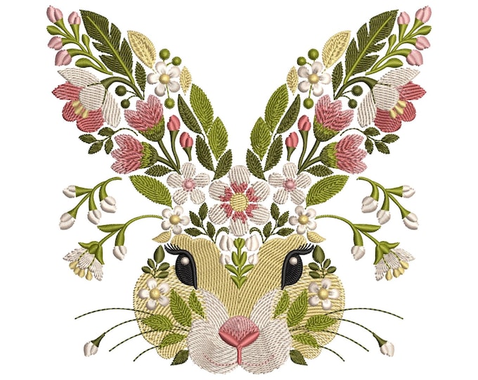 Featured listing image: Floral Bunny Machine Embroidery Design: Pastel Leaf Animal, Bunny Embroidery Pattern PES, Easter Spring Embroidery, Instant Download Rabbit