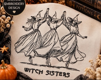Witch Sisters Halloween Embroidery Design PES – Halloween Art with Witches Dancing for Machine Embroidery, Unique Witches Embroidery DST PES