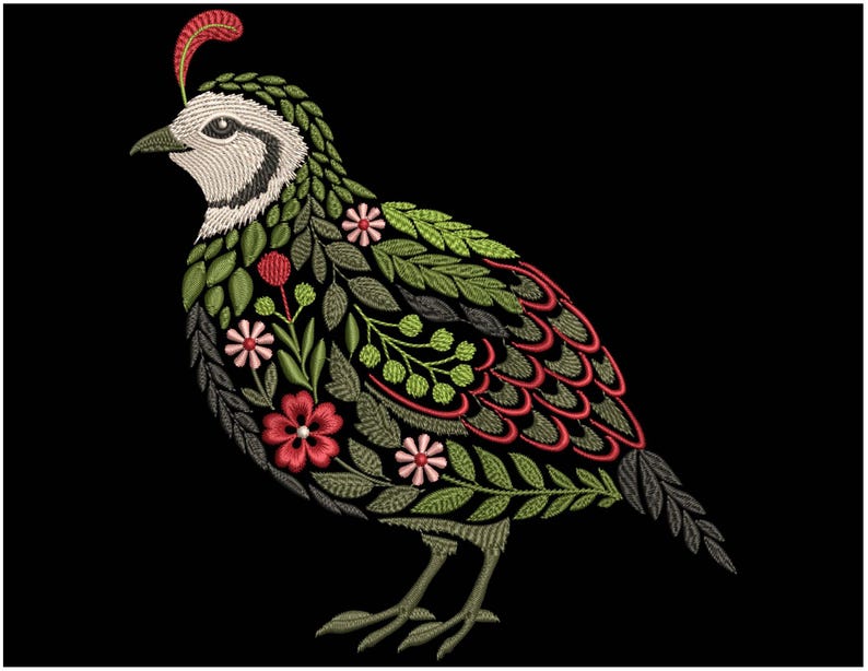 Quail Patchwork Floral Quail Machine Embroidery Design PES, California Quail Pattern ...