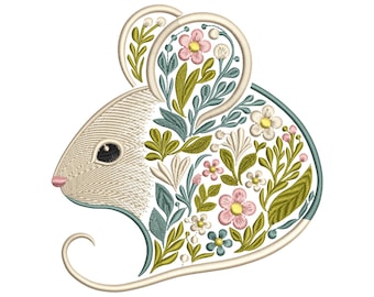Flower Mouse Embroidery Pattern, Digital Instant Download Design for Machine, Nursery Decor & Gift Ideas, Cute Animal Embroidery, Mouse PES