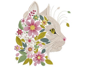 Floral Cat Embroidery Design for Machine Embroidery, Cute Floral Cat Embroidery Design Instant Download, Cat Pattern, Animal Embroidery PES