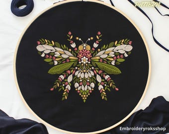 Botanical Bee Hand Embroidery Pattern, Floral Insect Design, Nature Inspired Stitching, Modern Folk Embroidery Art, Hoop Art Bee Pattern PDF