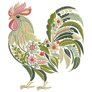 Puede incluir: Un diseño de gallo bordado colorido con flores verdes, rosas y amarillas. El gallo está hecho de patrones florales y hojas.
