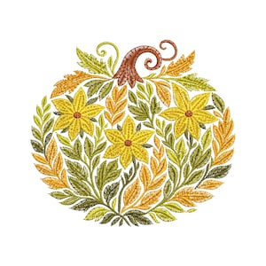 Motif floral de broderie machine citrouille, broderie de fleurs et de feuilles d&#39;automne, broderie Halloween PES, broderie de Thanksgiving, citrouille PES