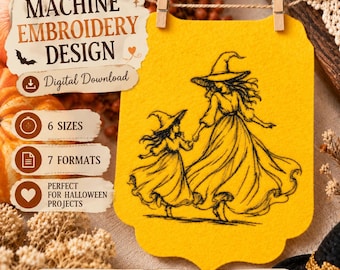 Mother & Little Witch Embroidery Design, Magical Halloween Machine Embroidery File, Witch Family Digital Pattern, Gothic Embroidery PES DST