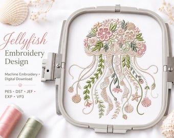Floral Jellyfish Machine Embroidery Design, Botanical Ocean Sea Life Digital Pattern, Coastal Shell Embroidery File - 6 Sizes