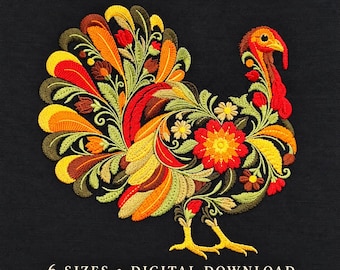 Turkey Machine Embroidery Design, Floral Folk Art, Thanksgiving Turkey Embroidery Digital File Download, 6 Sizes