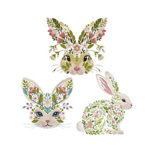 Spring Floral Bunny Embroidery Set – Digital Machine Embroidery Designs, Easter Bunny Floral Embroidery, Floral Rabbit Embrodery, DIY Sewing
