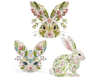 Spring Floral Bunny Embroidery Set – Digital Machine Embroidery Designs, Easter Bunny Floral Embroidery, Floral Rabbit Embrodery, DIY Sewing