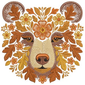 May include: Embroidered bear face design with autumn leaves and flowers in brown, gold, and orange hues. The bear's face is detailed with textured stitching, creating a rustic aesthetic. Ideal for autumn-themed crafts and projects.