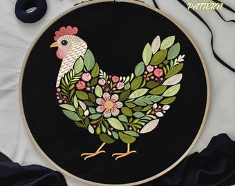 Chicken Embroidery Pattern PDF • Floral Hen Hand Stitch Design • Country Farm Decor Hoop Art • Instant Download