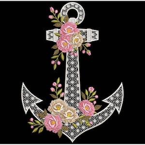 May include: White embroidered anchor design with pink and tan flowers and green leaves on a black background. The anchor is detailed with a geometric pattern. The flowers have a detailed, textured appearance.