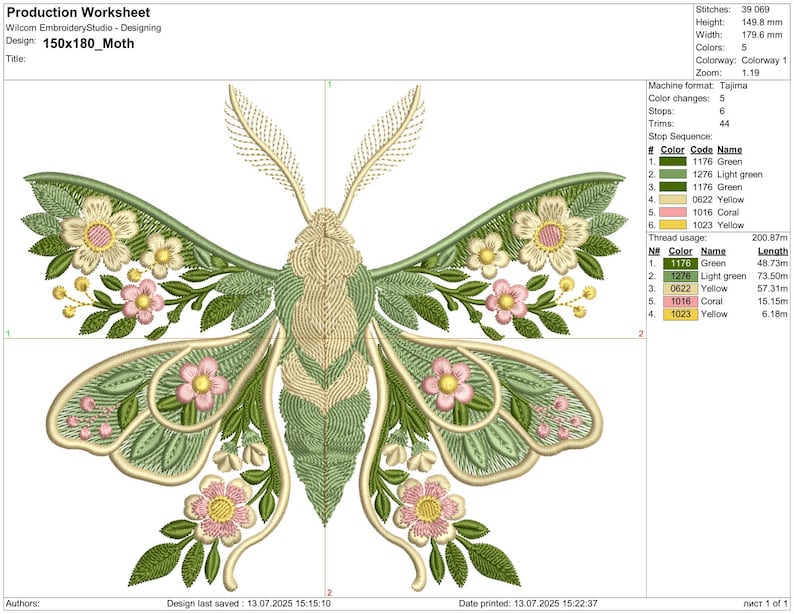 Embroidery Moon Moth with flowers, Nature insect design in 6 sizes, Luna Moth Flower Embroidery Design, Moth Pattern PES, Insect Embroidery