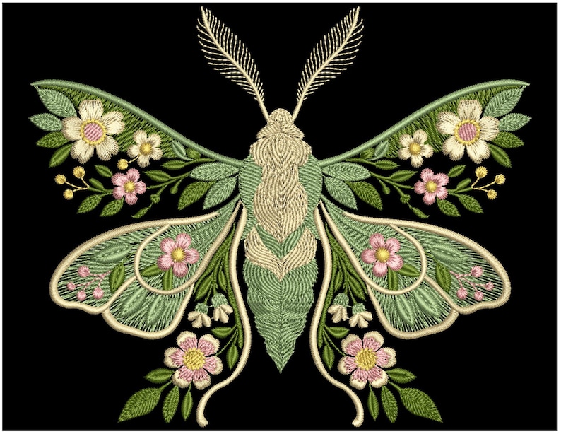 Embroidery Moon Moth with flowers, Nature insect design in 6 sizes, Luna Moth Flower Embroidery Design, Moth Pattern PES, Insect Embroidery