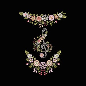 May include: An embroidered design featuring a treble clef surrounded by colorful flowers and foliage. The design includes floral borders at the top and bottom, with a black background. The flowers are in shades of pink, peach, and white.