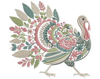 Floral Turkey Embroidery Design, Machine Embroidery Thanksgiving Turkey, Fall Thanksgiving Embroidery, Bird Embroidery PES DST EXP jef vp3
