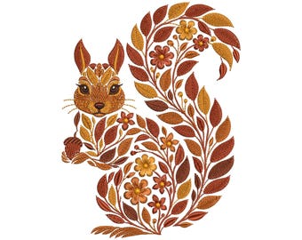 Autumn Squirrel Embroidery Design – Fall Floral Machine Embroidery, Squirrel Pattern PES, Animal Embroidery, Perfect for Fall Projects PES