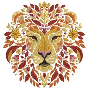 May include: Embroidered lion face with a floral mane. The design features a golden lion's face with red eyes, a pink nose, and a black mouth. The mane is composed of orange, red, and gold leaves and flowers, creating a decorative and detailed artwork.
