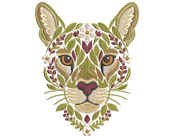 Floral Cougar Machine Embroidery Design, Mountain Lion Embroidery, Puma Wild Big Cat Embroidery, Wild Animal Embroidery, Cougar Pattern PES