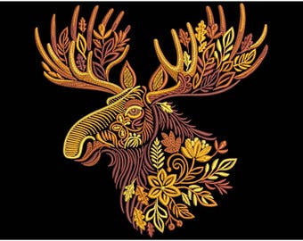 Golden Autumn Moose – Machine Embroidery Design, Elk Embroidery, Moose Pattern Embroidery PES, Autumn Leaves Embroidery, Wildlife Animal DST