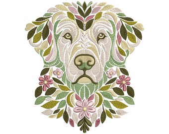 Dog Embroidery Design, Floral Golden Retriever Embroidery Design, Animal Embroidery Pattern, Digital Download Floral Dog Pattern, Leaf Dog