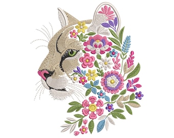Floral Cougar Machine Embroidery Design, Puma Embroidery, Wild Cat Jungle Pattern, Jungle Floral Pattern, Boho Animal Embroidery, Animal PES