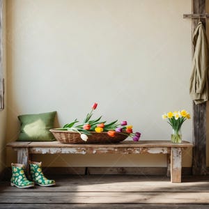 Blank Wall Spring Cottage Entry Mockup - Easter Farmhouse Mudroom - Cottagecore decor - Mock-up Room Interior - Background Template