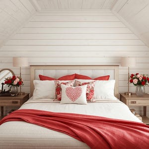 May include: A bedroom with a bed dressed in white bedding and a red throw. The bed is adorned with decorative pillows, some with floral patterns and one with a heart design. Bedside tables with lamps and flower vases flank the bed.