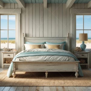May include: A bedroom with a coastal theme, featuring a distressed white bed frame, a light blue blanket, and matching pillows. Two bedside tables with lamps and decorative items are on either side of the bed. The room has white paneling, a blue ceiling, and windows overlooking a beach.