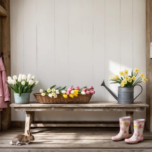 May include: A wooden bench with a basket of pink, yellow, and white tulips, a watering can with yellow daffodils, and a pair of pink and white rain boots.