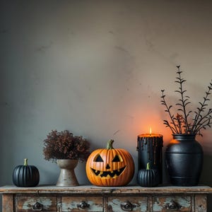 Può includere: Un'esposizione a tema Halloween con una zucca intagliata, zucche nere, una candela nera accesa e un vaso con rami scuri. Gli oggetti sono disposti su una superficie di legno invecchiato contro un muro grigio.