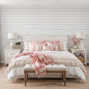 May include: A bedroom with a bed dressed in neutral tones, featuring pink and floral cushions and a fringed throw. Two bedside tables with lamps and decor are on either side. A bench is at the foot of the bed. The room has a light and airy feel.