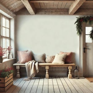 May include: A cozy interior scene featuring a wooden bench with several pillows and a folded blanket. The bench is set against a light-colored wall, with a window and door visible. The room is decorated with seasonal greenery.