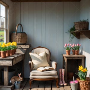 May include: A white upholstered armchair with a throw pillow and a book on the seat. The chair is in a room with a wooden floor, white walls, and a window with a view of a green lawn. There are potted plants with yellow and pink flowers on a table next to the chair.