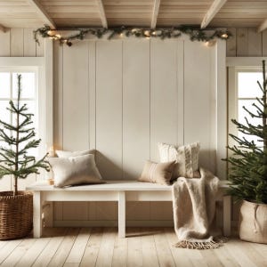 May include: A white wooden bench with a cream-colored throw blanket and pillows sits in a room with a wood ceiling and a garland of greenery and lights above. Two small pine trees are in pots on either side of the bench.