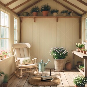May include: A rocking chair with a white cushion and a green pillow sits in a sunlit room with a wooden floor. There are potted plants on a shelf and a watering can on the floor.