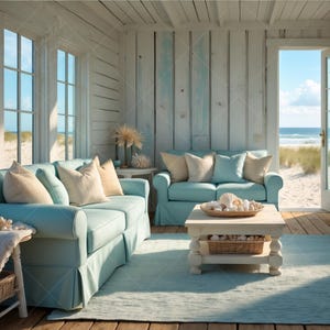 Op de afbeelding: Een woonkamer met kustthema met lichtblauwe banken, crèmekleurige kussens en een witte salontafel. De kamer heeft een lichtblauw tapijt, witte muren en ramen met uitzicht op een strand. Schelpen worden op de salontafel tentoongesteld.