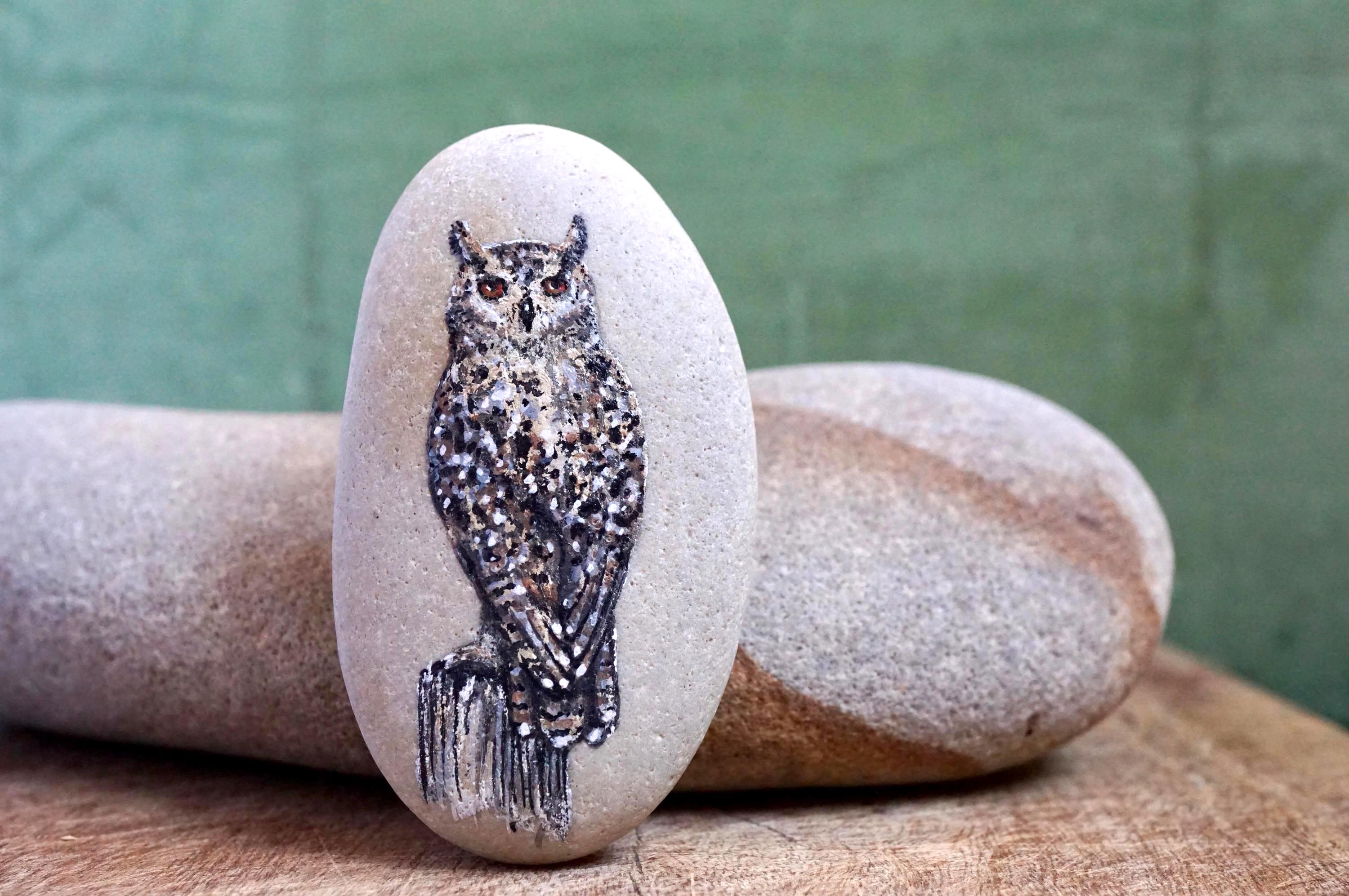 Eagle Owl Painting on Pebble: Signed Collectible Bird Art
