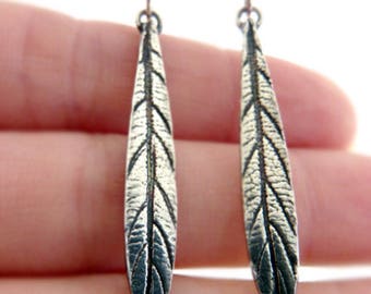 Long Leaf Earrings, Real Leaf Imprint On Pure Fine Silver, Botanical Earrings, Nature Inspired Organic Earrings